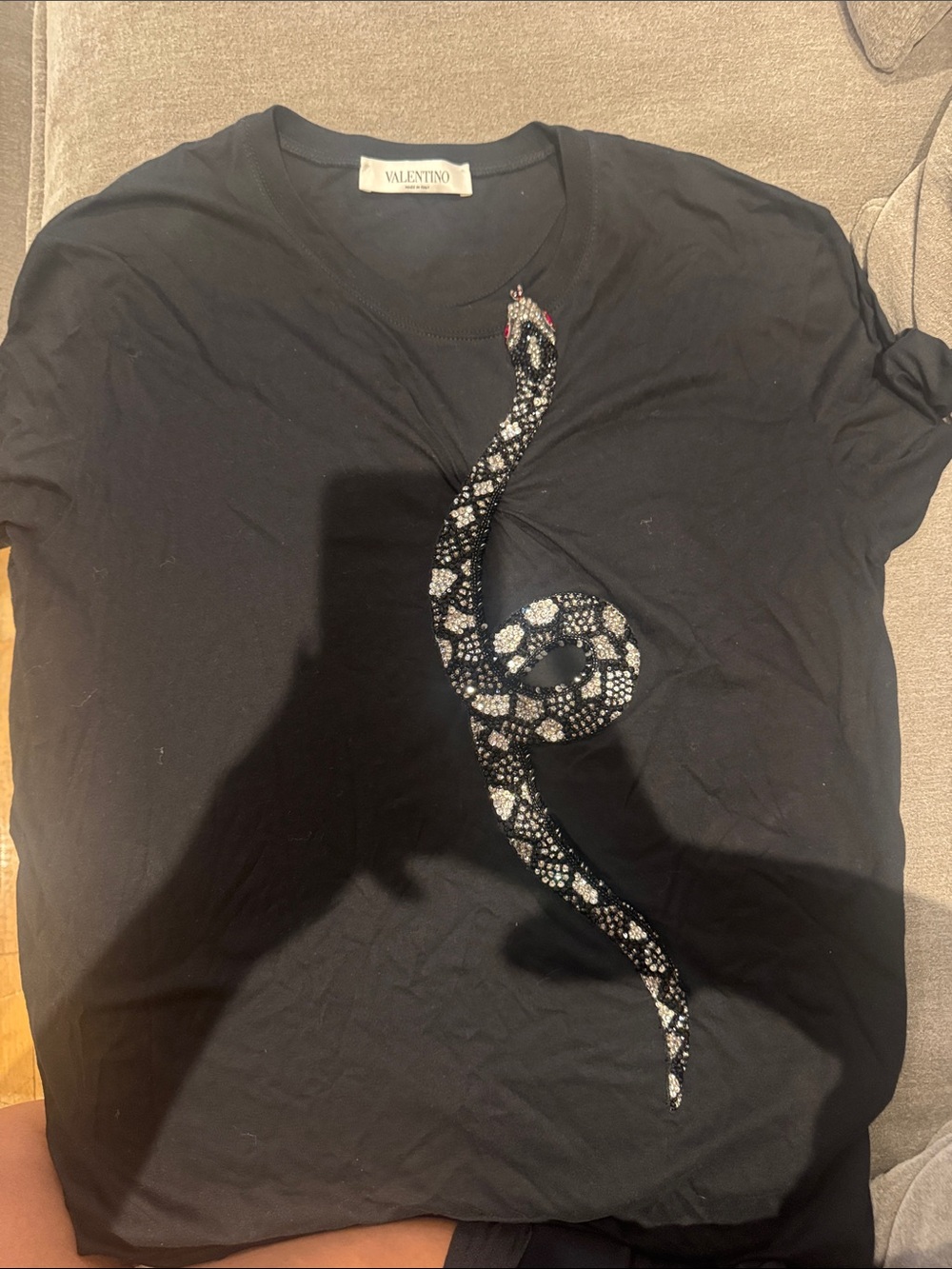 Valentino Black Tee with Beaded Snake Motif